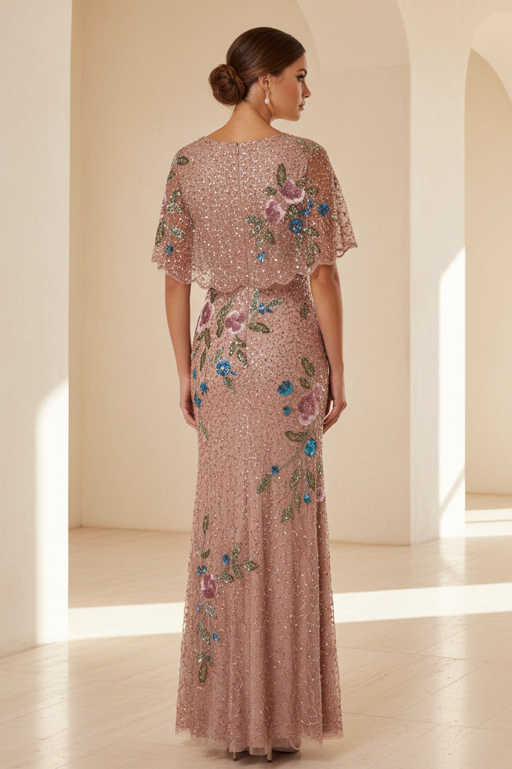 Beaded Capelet Column Gown with Floral Embroidery