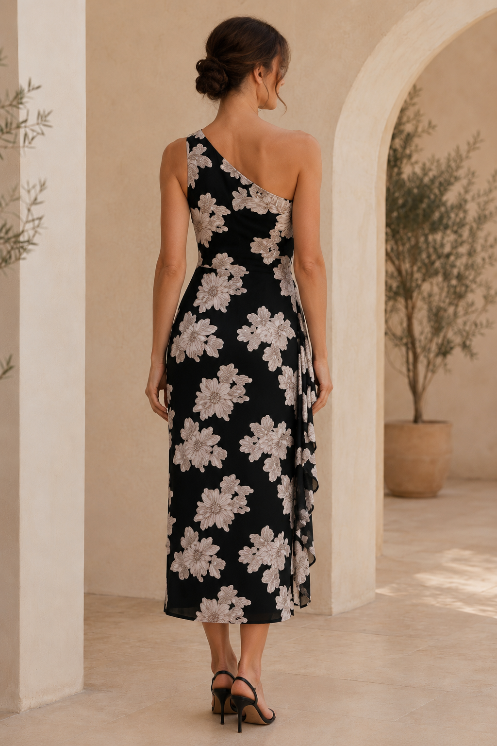 One-Shoulder Floral Print Midi Dress with Side Ruffle