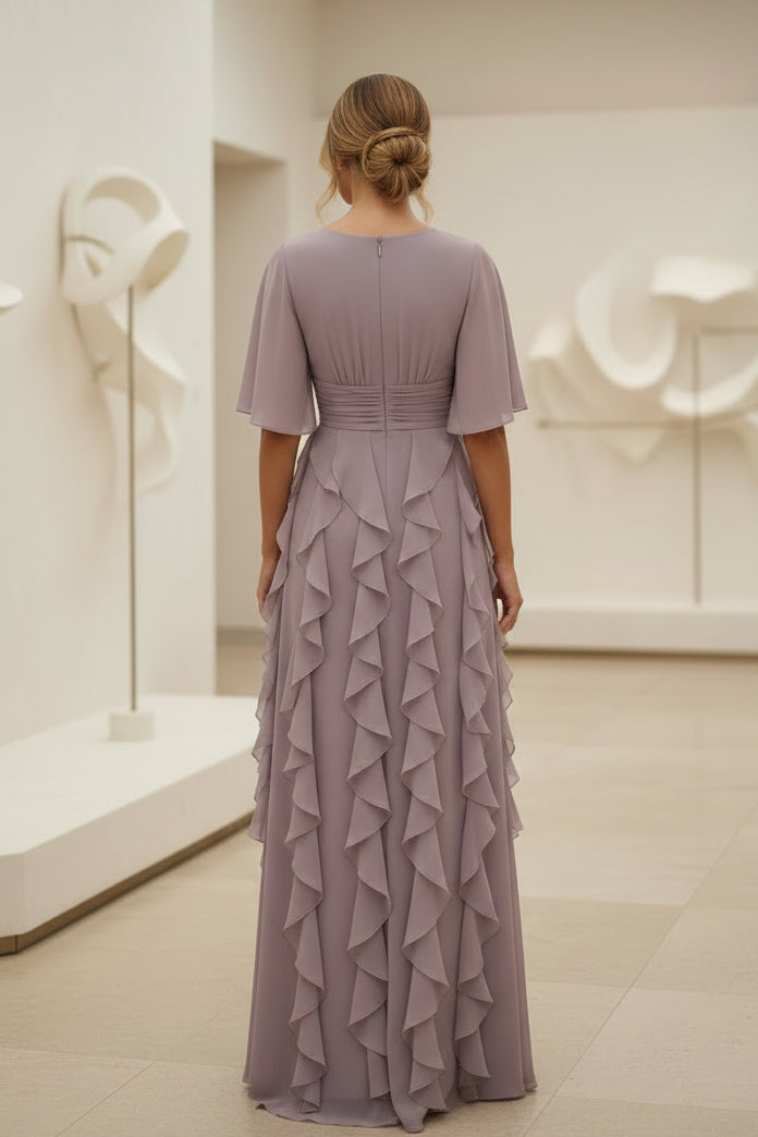 Ruffle Chiffon Flutter Sleeve Floor-Length Gown