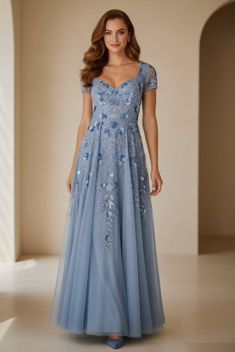 A-Line Tulle Evening Gown with Floral Embroidery