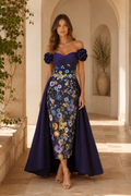Off-Shoulder Floral Gown with Rosette Straps & Overskirt