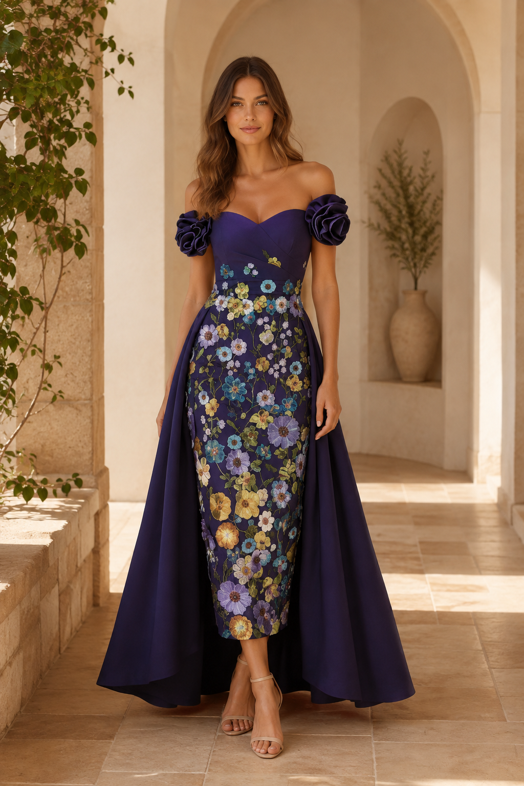 Off-Shoulder Floral Gown with Rosette Straps & Overskirt