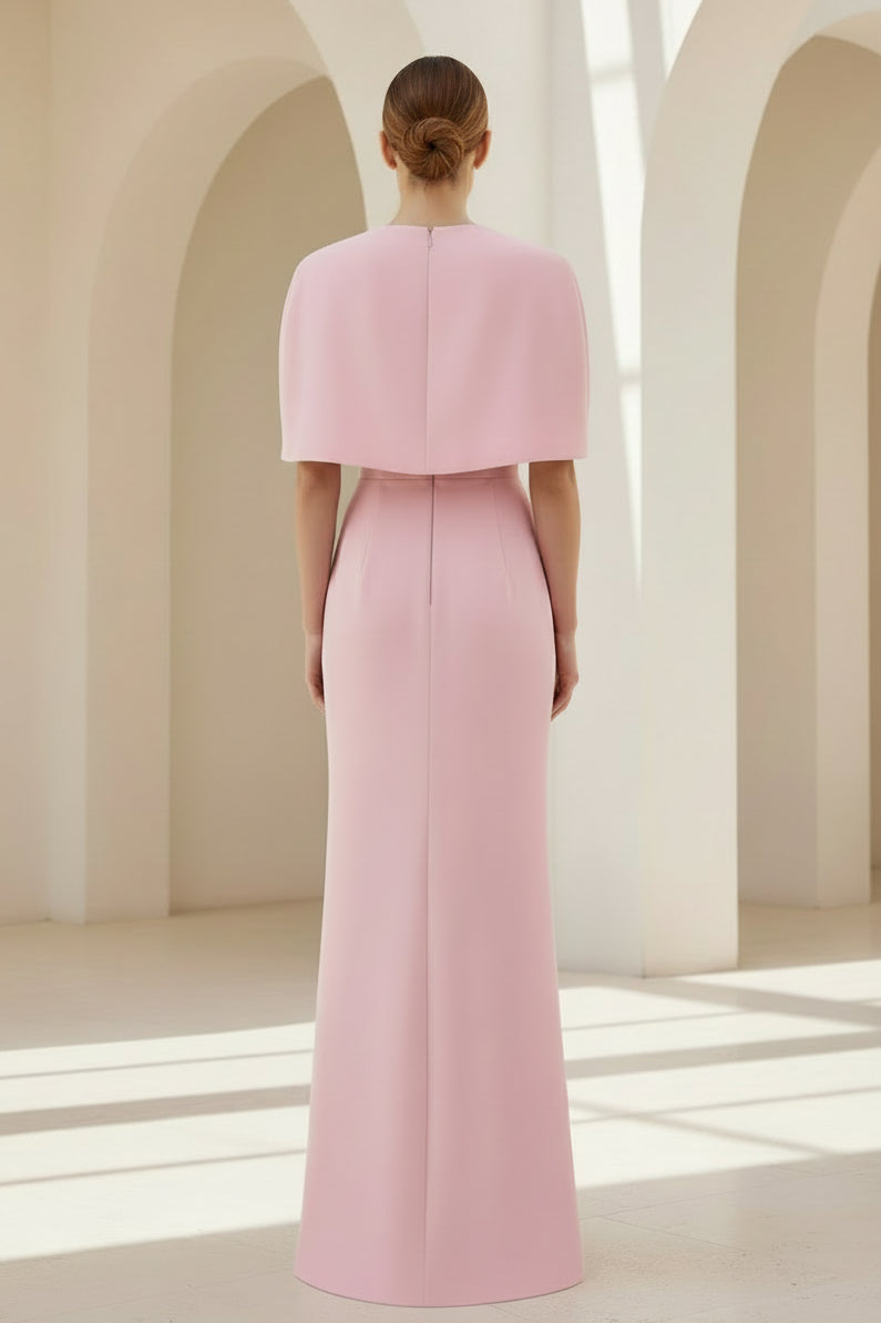 Cape Overlay Keyhole Column Evening Gown