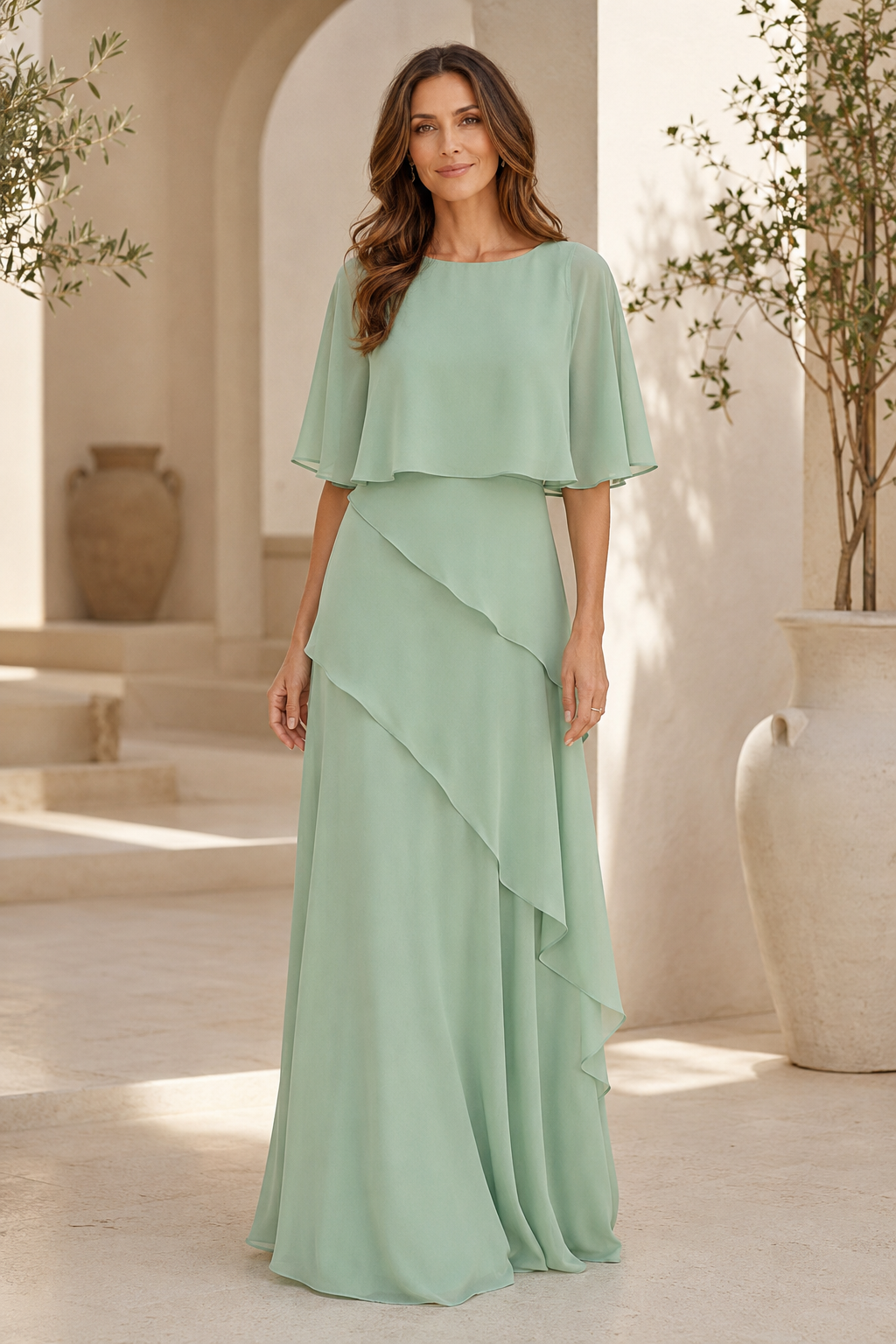 Chiffon Cape Sleeve Tiered Asymmetrical Maxi Dress