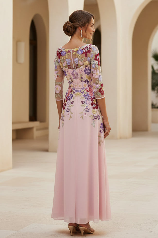 Floral Embroidered Mesh Bodice Chiffon Formal Gown
