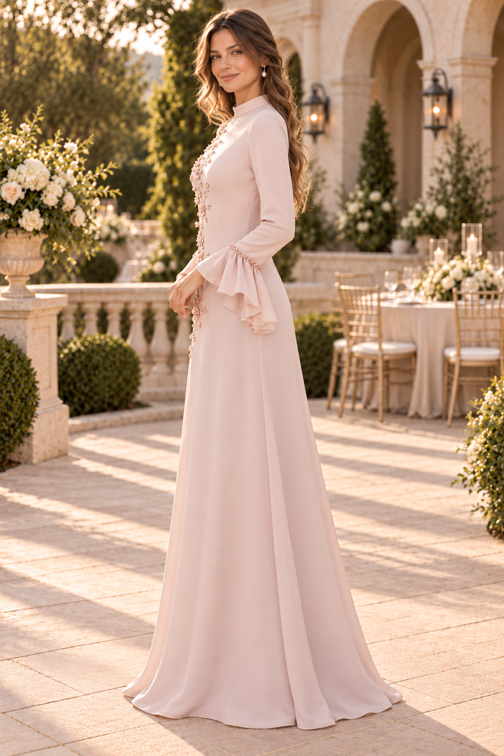 High-Neck Floral Appliqué Gown with Ruffle Sleeves