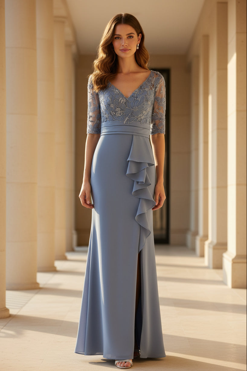 V-Neck Lace Half-Sleeve Gown with Ruffled Slit
