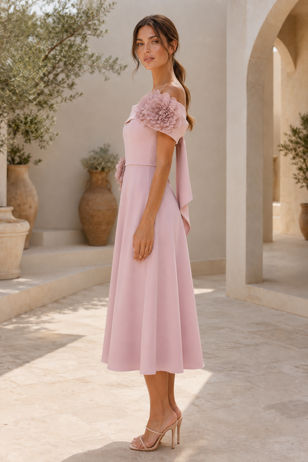 3D Floral Off-Shoulder Midi Dress with Back Bow