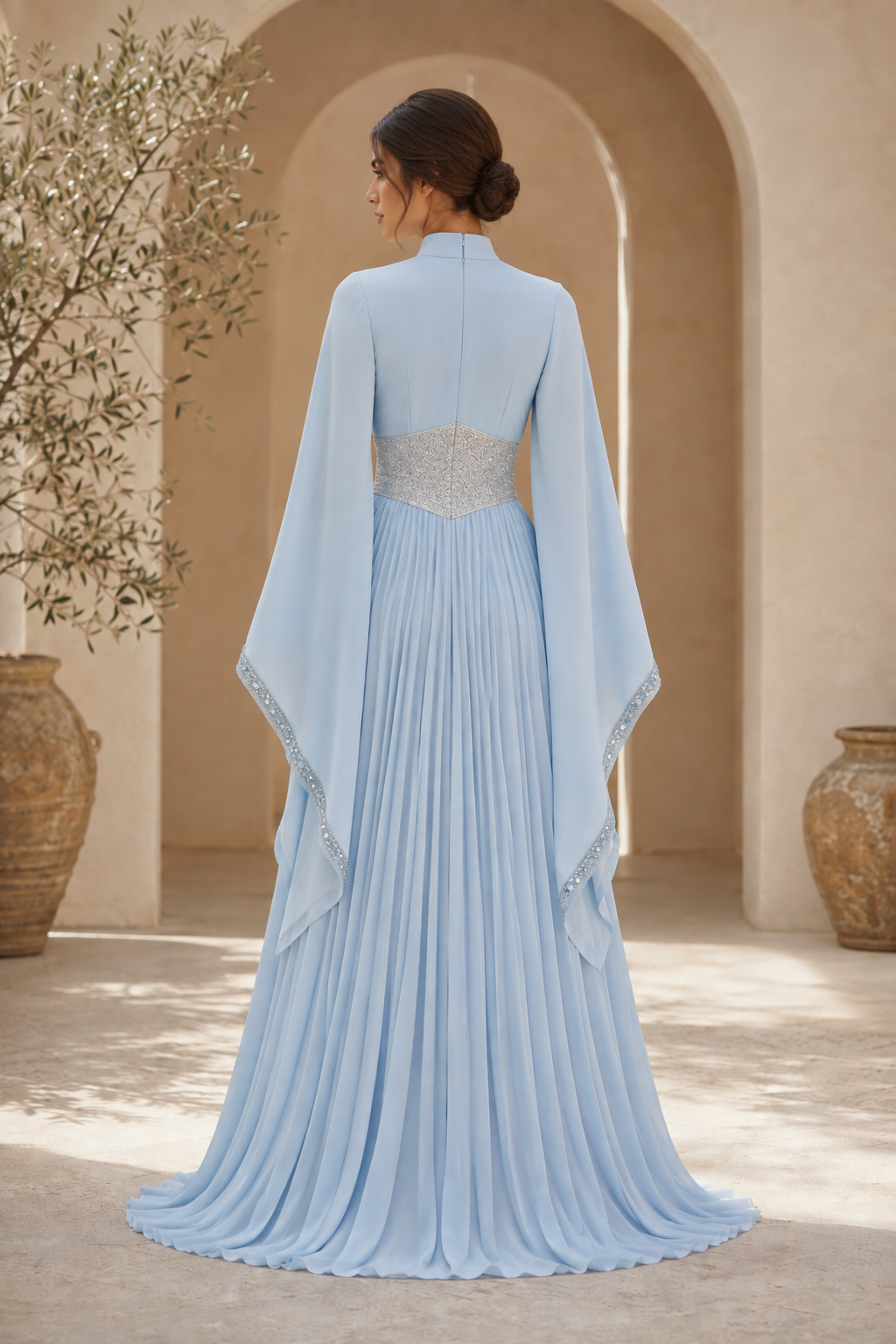 Cape Sleeve Pleated Chiffon A-Line Evening Gown