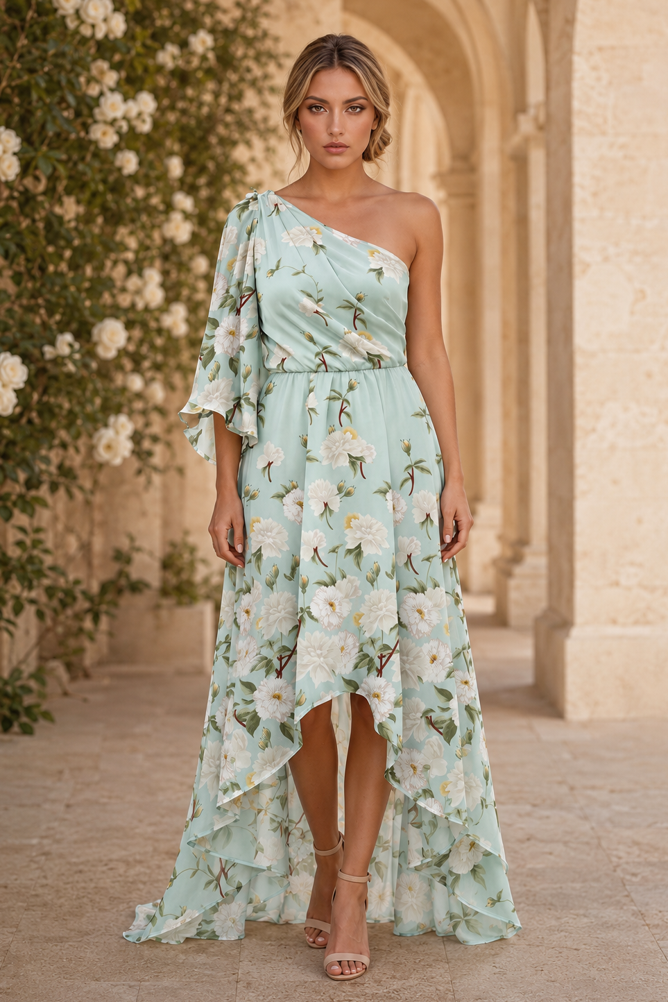 Floral One-Shoulder High-Low Maxi Dress