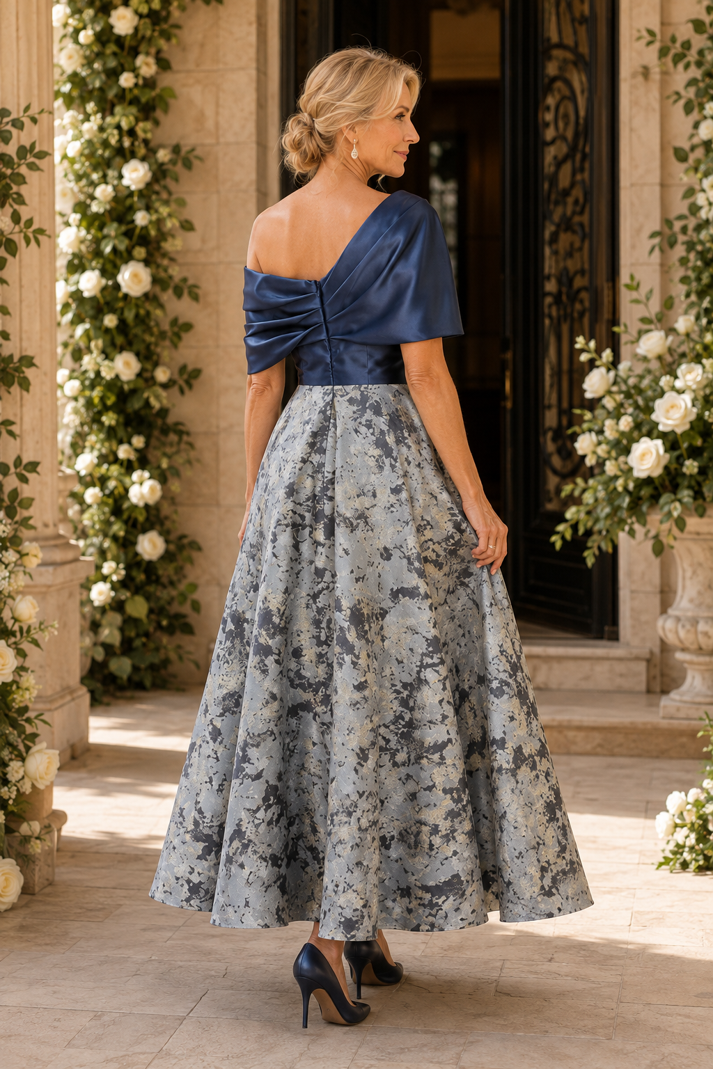 Draped One-Shoulder Satin Jacquard A-Line Dress