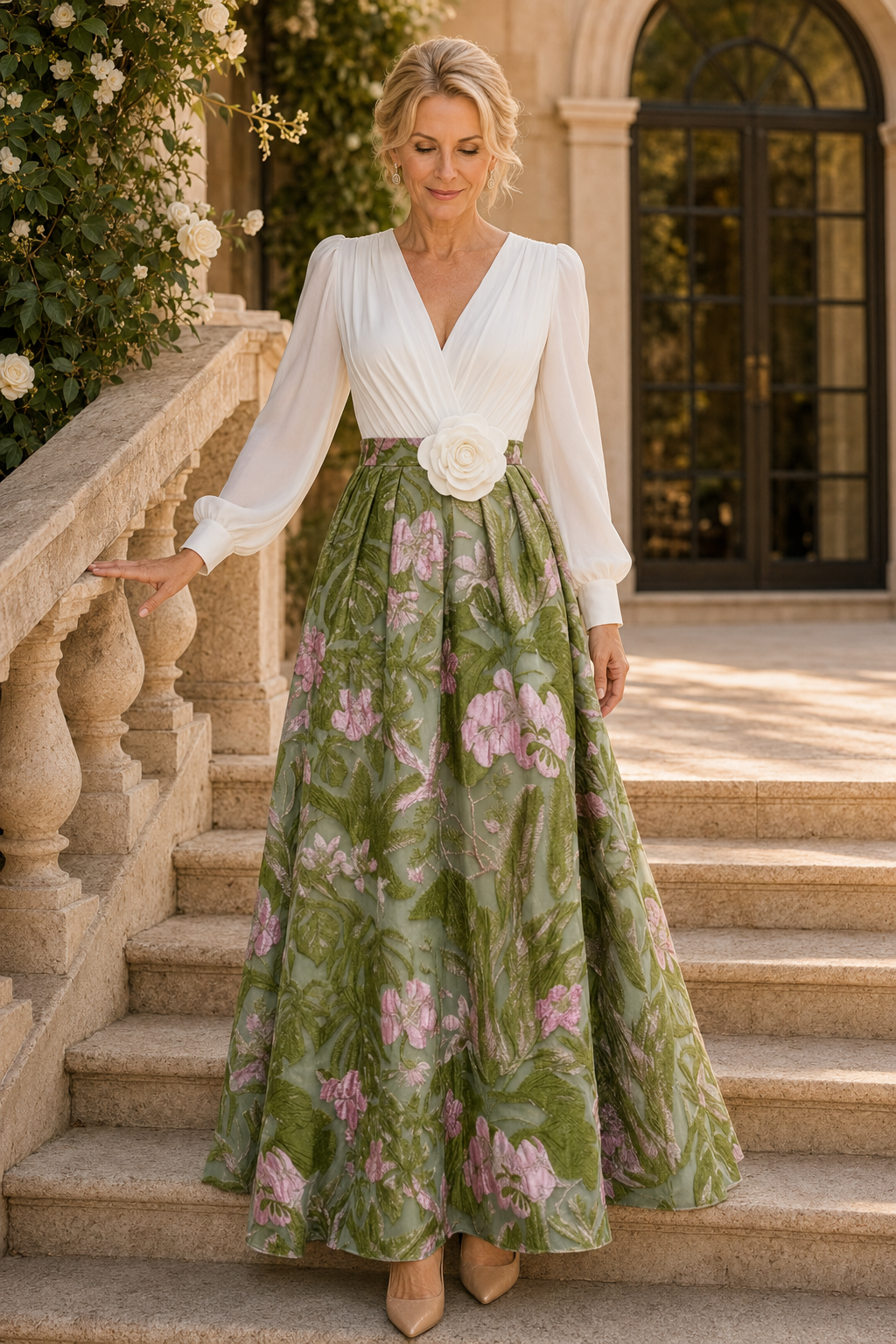 Long Sleeve Jacquard Ball Gown with 3D Flower