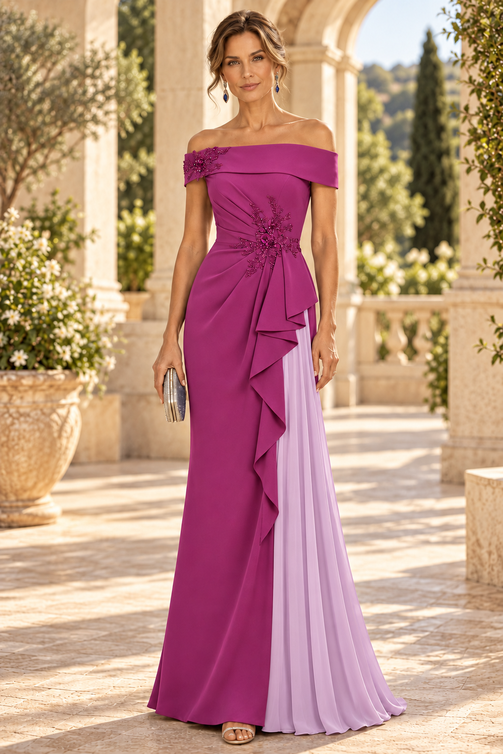 Off-the-Shoulder Column Gown with Pleated Insert