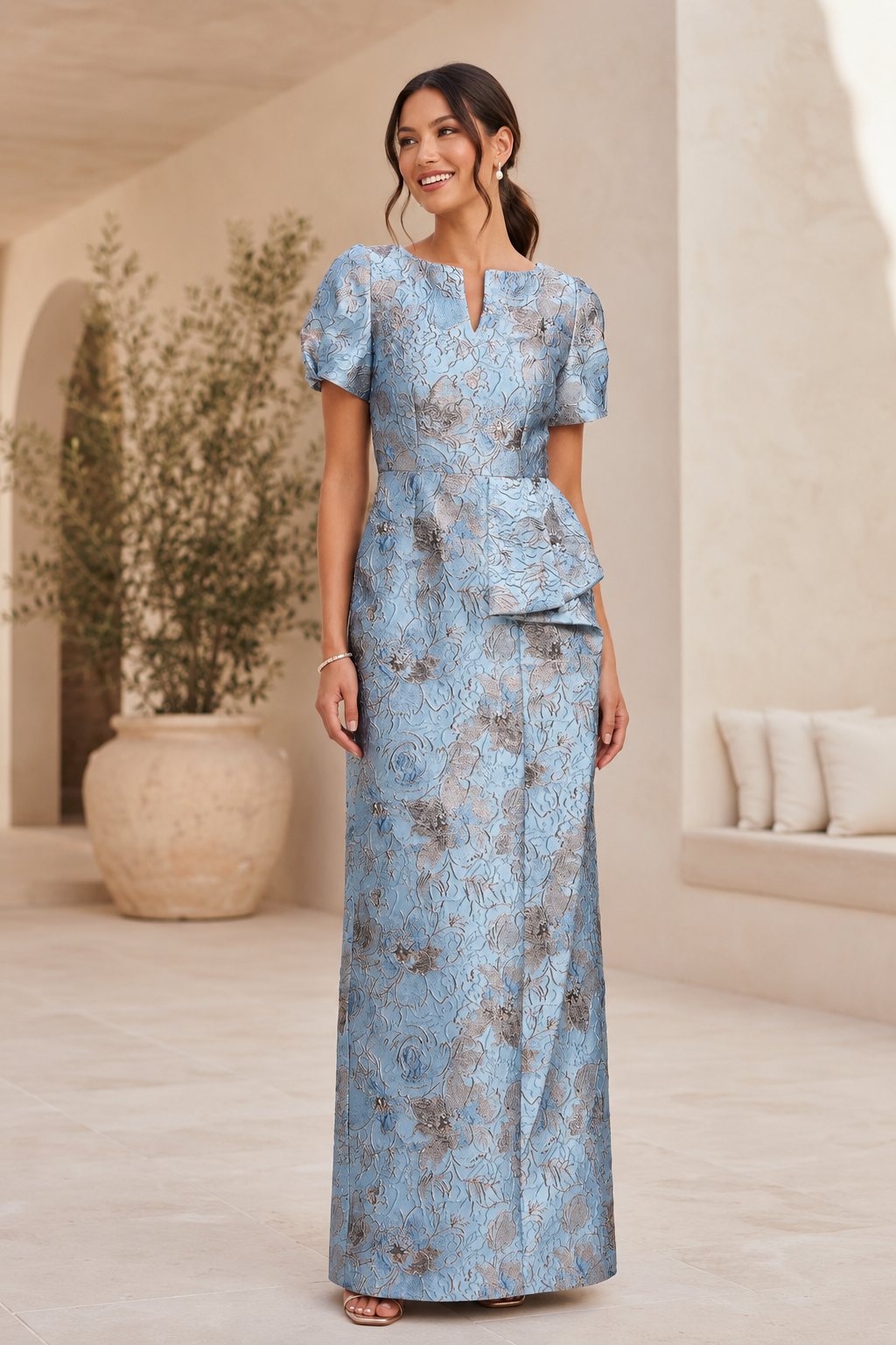 Floral Jacquard Peplum Sheath Evening Gown