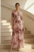 Floral Chiffon Wrap Maxi Dress with 3/4 Sleeves