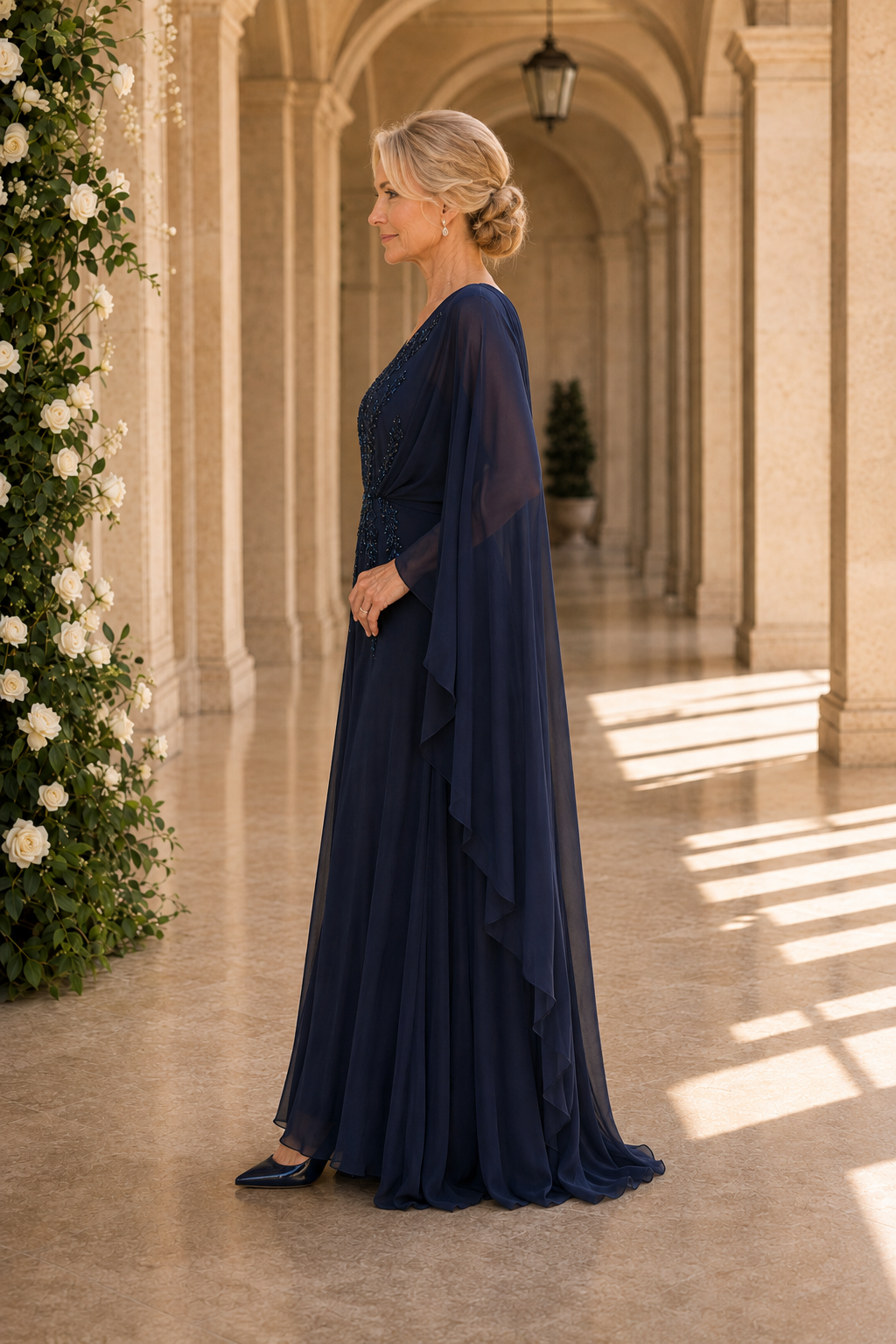 Beaded V-Neck Evening Gown with Cape Sleeves