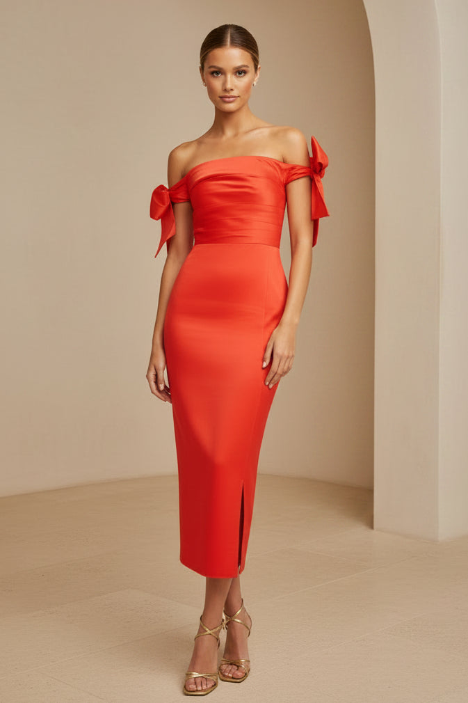 Off-the-Shoulder Bow Midi Dress