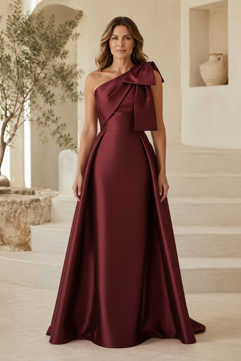 One-Shoulder Bow A-Line Satin Gown