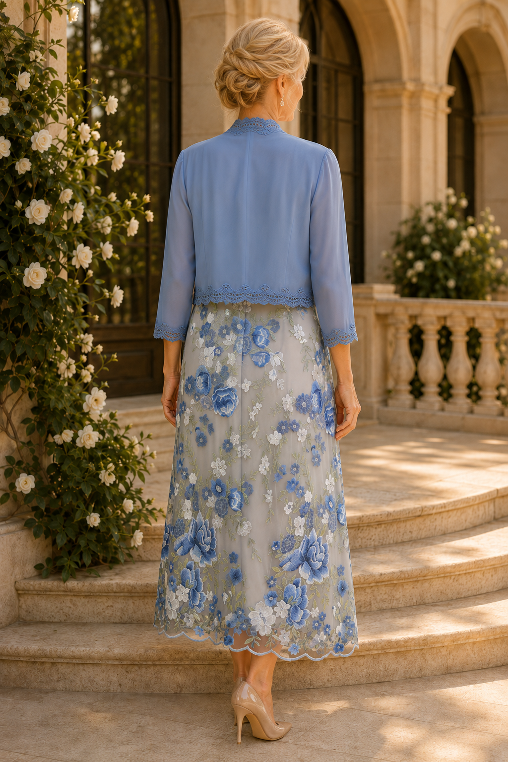Floral Embroidered Tea-Length Dress with Bolero