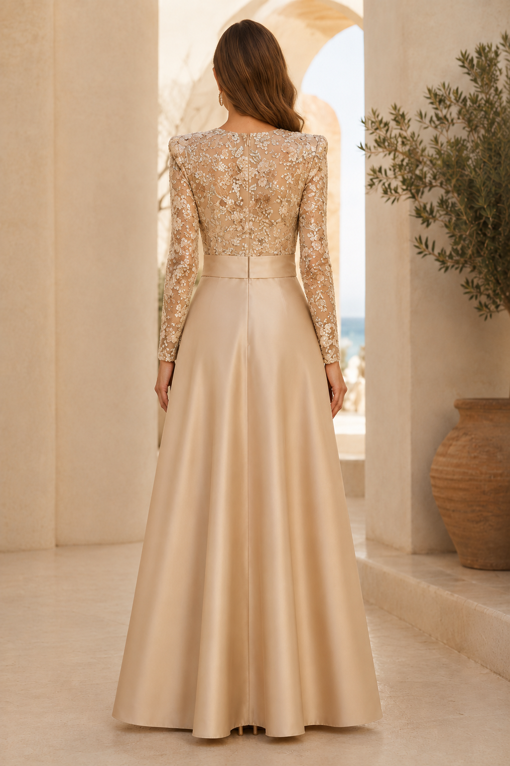 Long Sleeve Floral Lace A-Line Evening Gown
