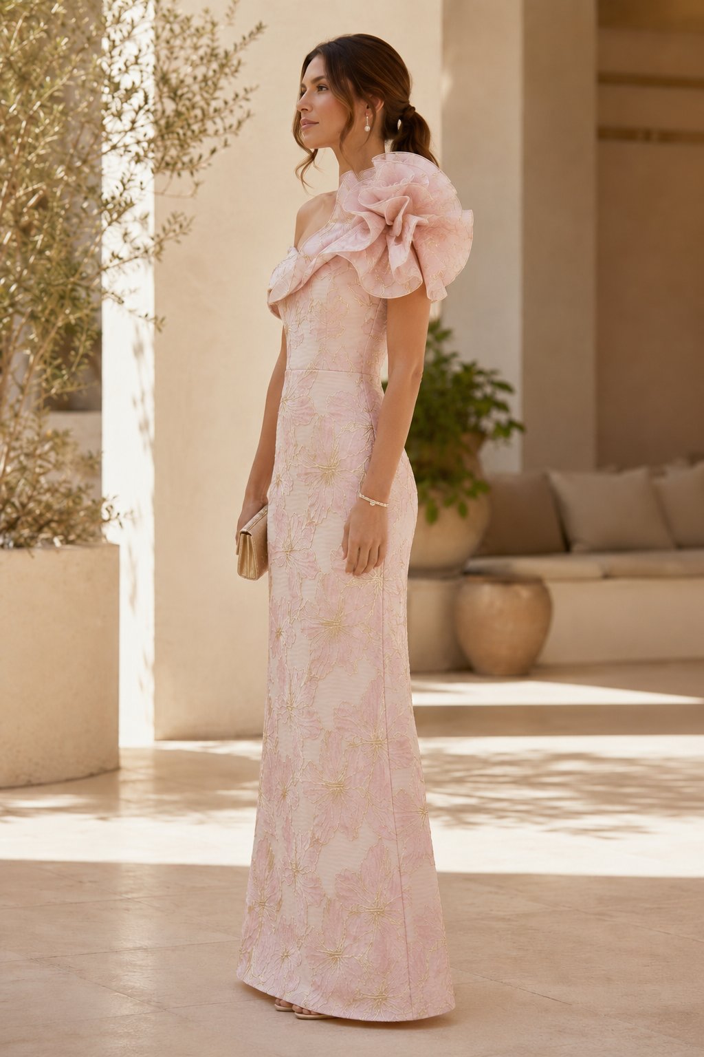 Off-Shoulder Floral Jacquard Column Gown with Ruffle Flower