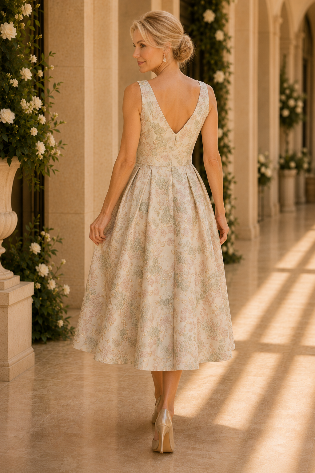 Floral Jacquard V-Neck Tea-Length Dress with Bow