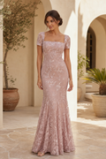 Square Neck Short Sleeve Lace Mermaid Gown