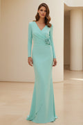 V-Neck Long Sleeve Crepe Evening Gown