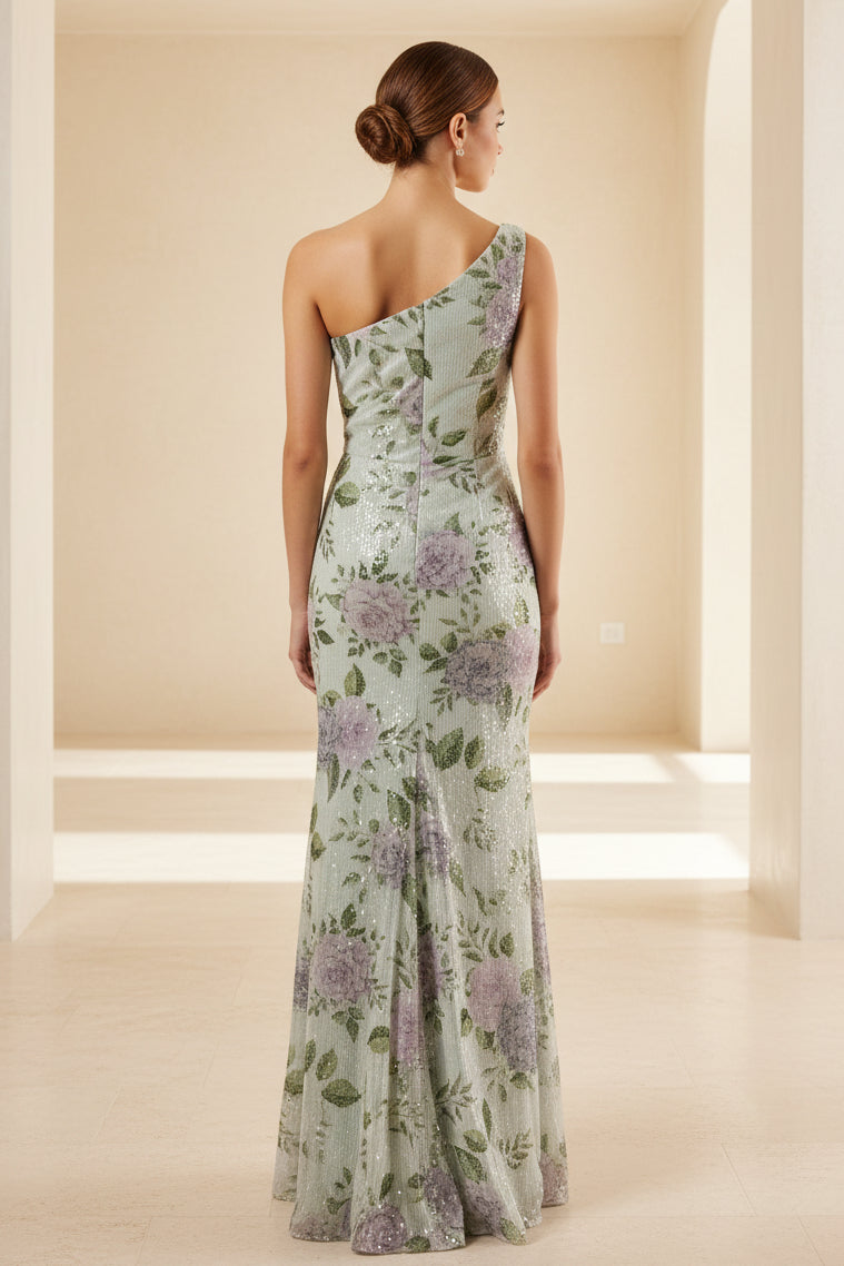 One-Shoulder Ruched Floral Sequin Gown