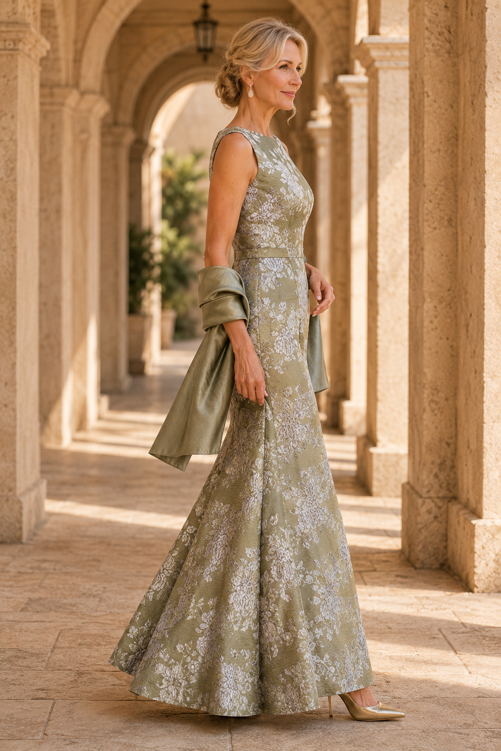 Floral Jacquard Sleeveless Trumpet Evening Gown
