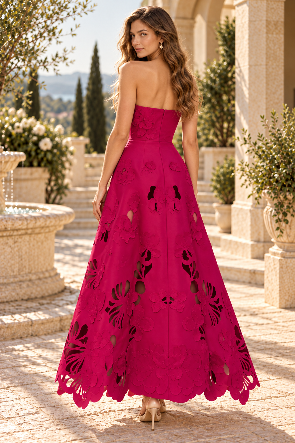 Strapless Floral Cutout Ankle-Length A-Line Dress