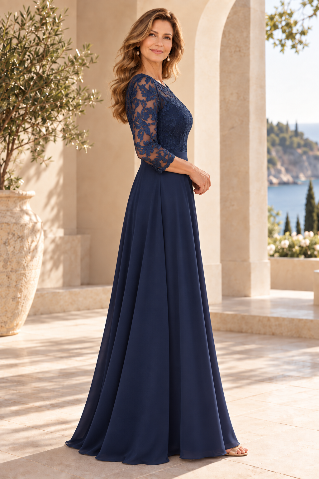 Lace Bodice 3/4 Sleeve A-Line Chiffon Gown