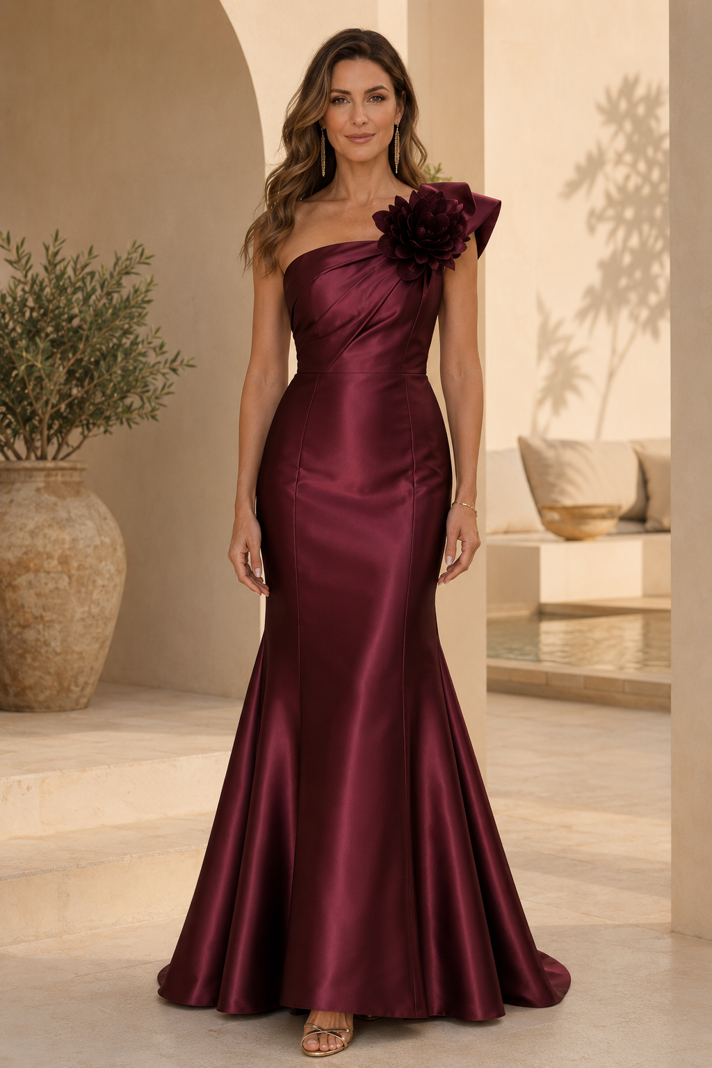 One-Shoulder Floral Accent Satin Mermaid Gown