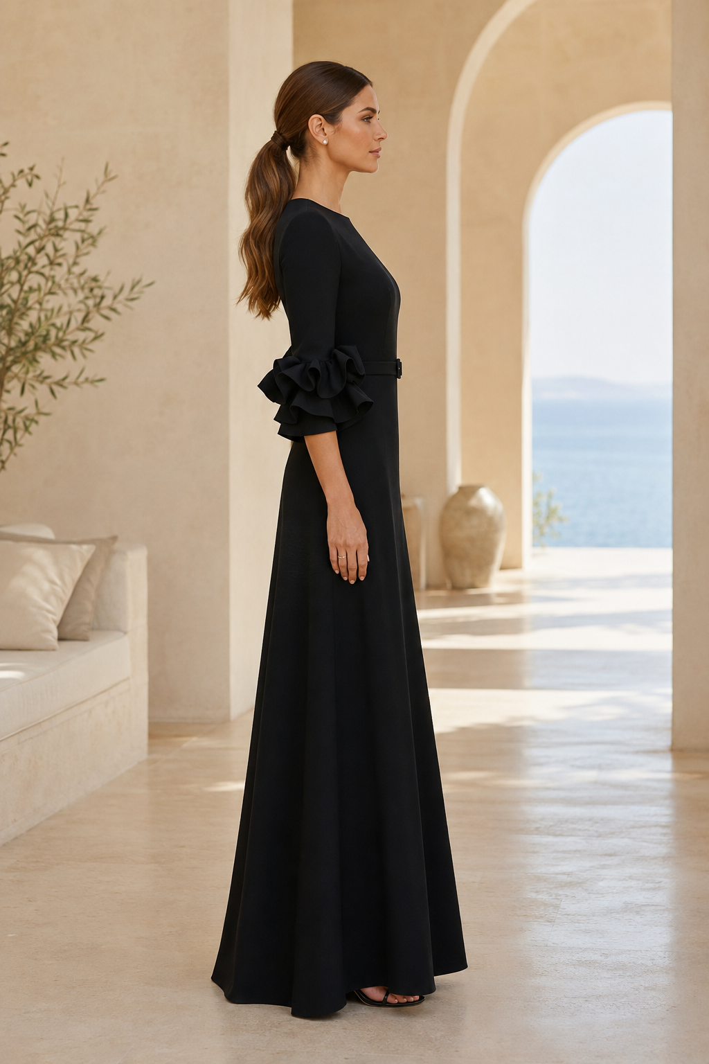 A-Line Evening Gown with Ruffled Cuffs and Belt