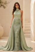 Halter Neck Satin Evening Gown with Lace Skirt