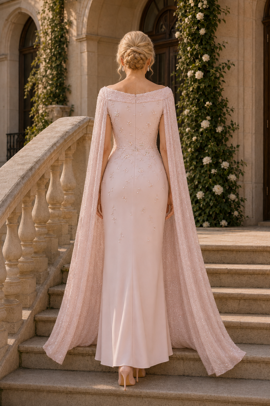 Beaded Column Gown with Shimmering Cape