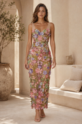 3D Floral Embroidered Sheer Column Midi Dress