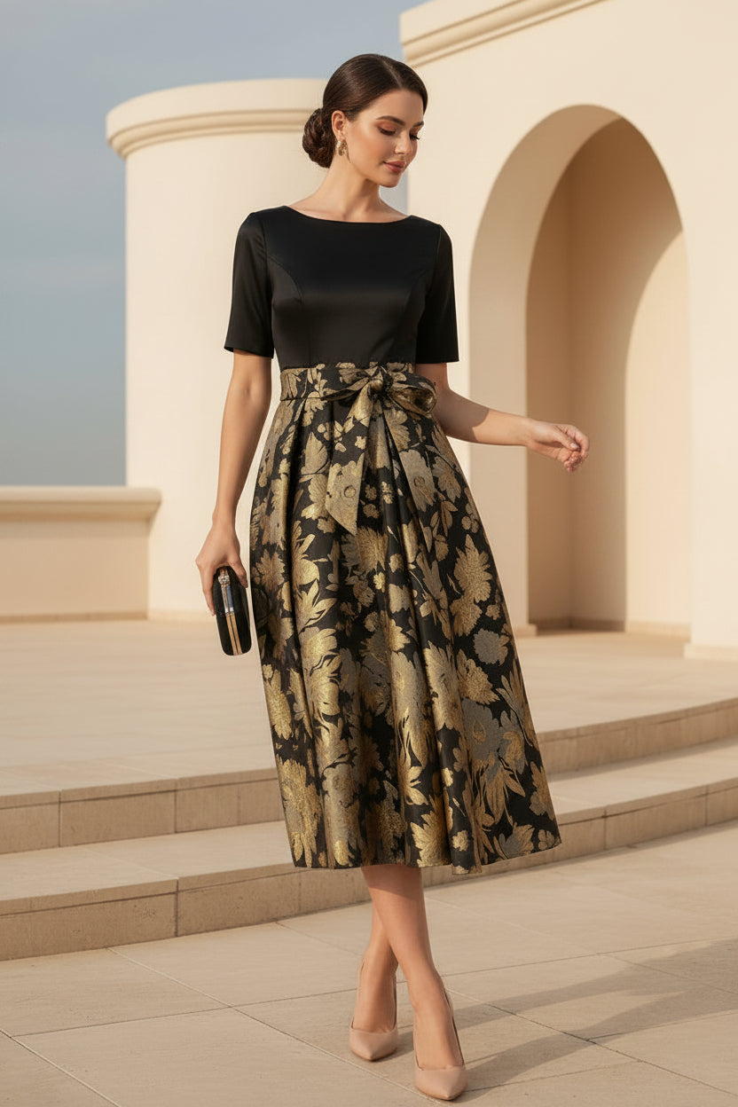 Floral Jacquard A-Line Tea-Length Dress with Bow