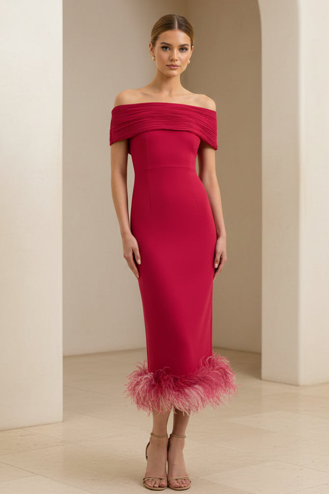 Off-the-Shoulder Pleated Midi Dress with Feather Hem