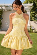 Halter Neck Pearl Bow Jacquard Bubble Mini Dress