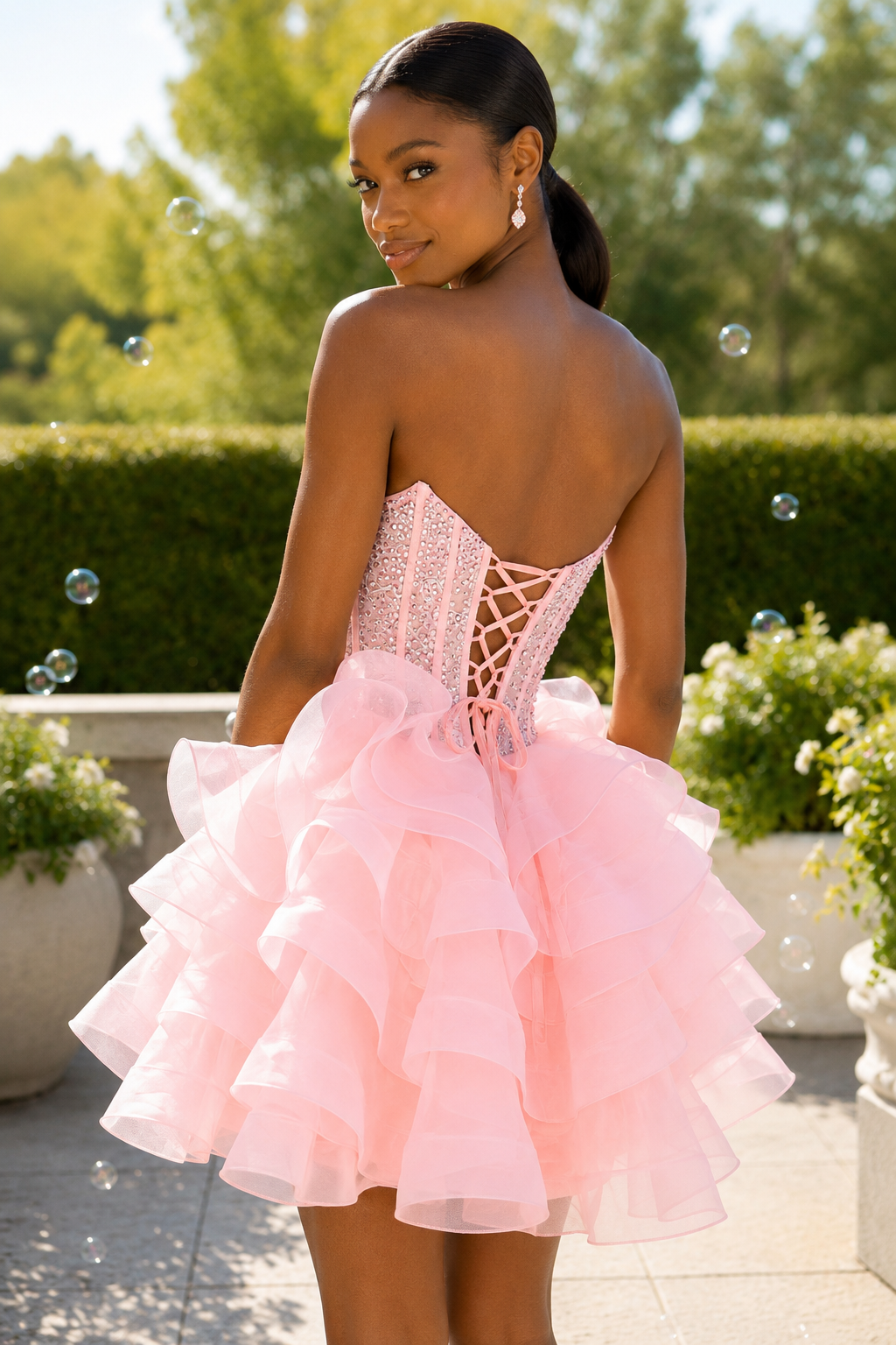 Strapless Ruffled Corset Organza Mini Dress