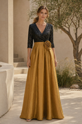 Sequin 3/4 Sleeve A-Line Gown with Rosette