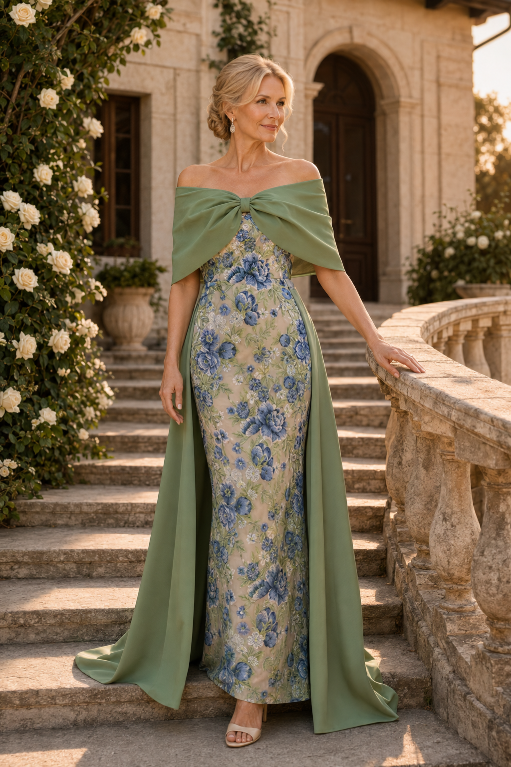 Floral Column Gown with Draped Cape Collar