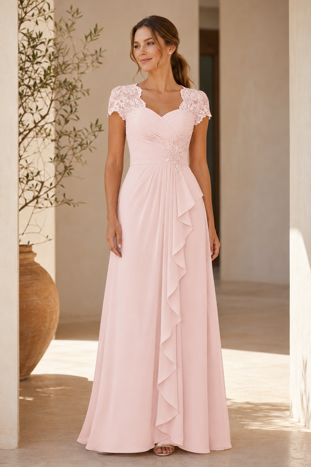 Lace Cap Sleeve Ruched Maxi Dress with Ruffle
