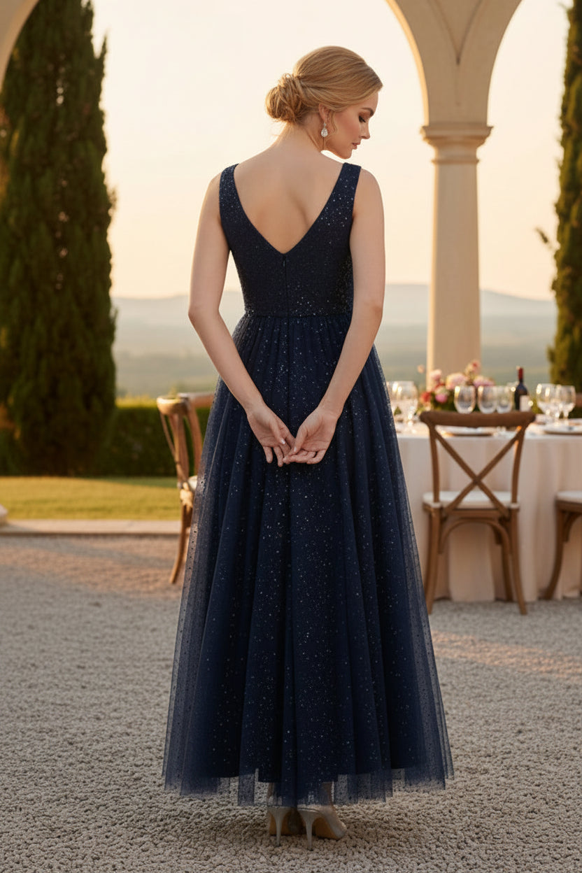Elegant V-Neck Sequined A-Line Tulle Evening Dress