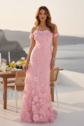 Off-the-Shoulder 3D Floral Sheath Evening Gown