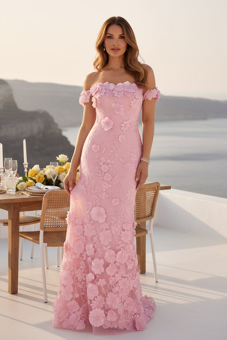 Off-the-Shoulder 3D Floral Sheath Evening Gown