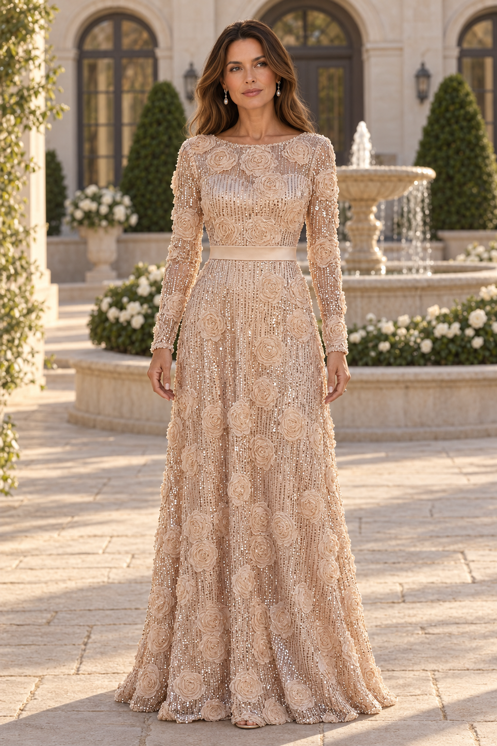 3D Floral Sequin Long Sleeve A-Line Evening Gown