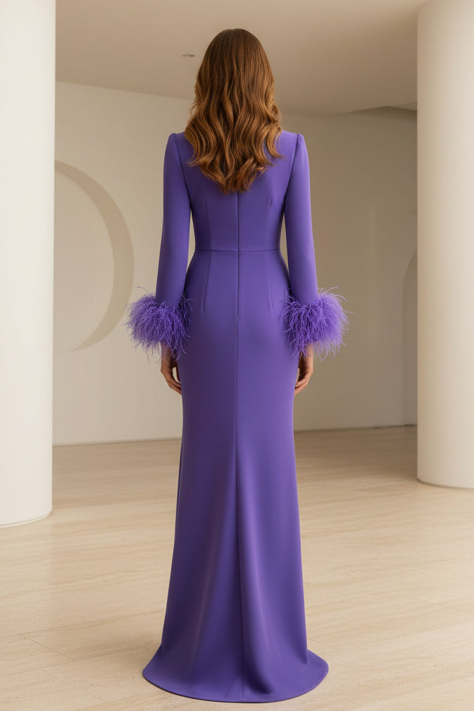 Crepe Long Sleeve Evening Gown with Feather Cuffs