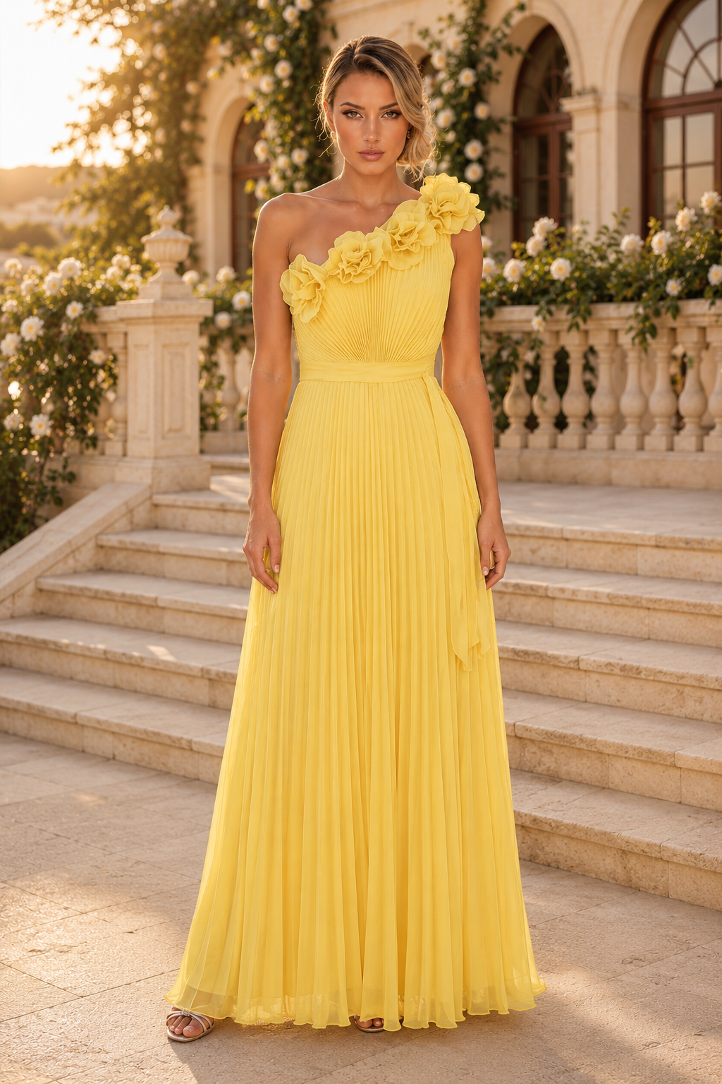 One-Shoulder Floral Pleated A-Line Gown
